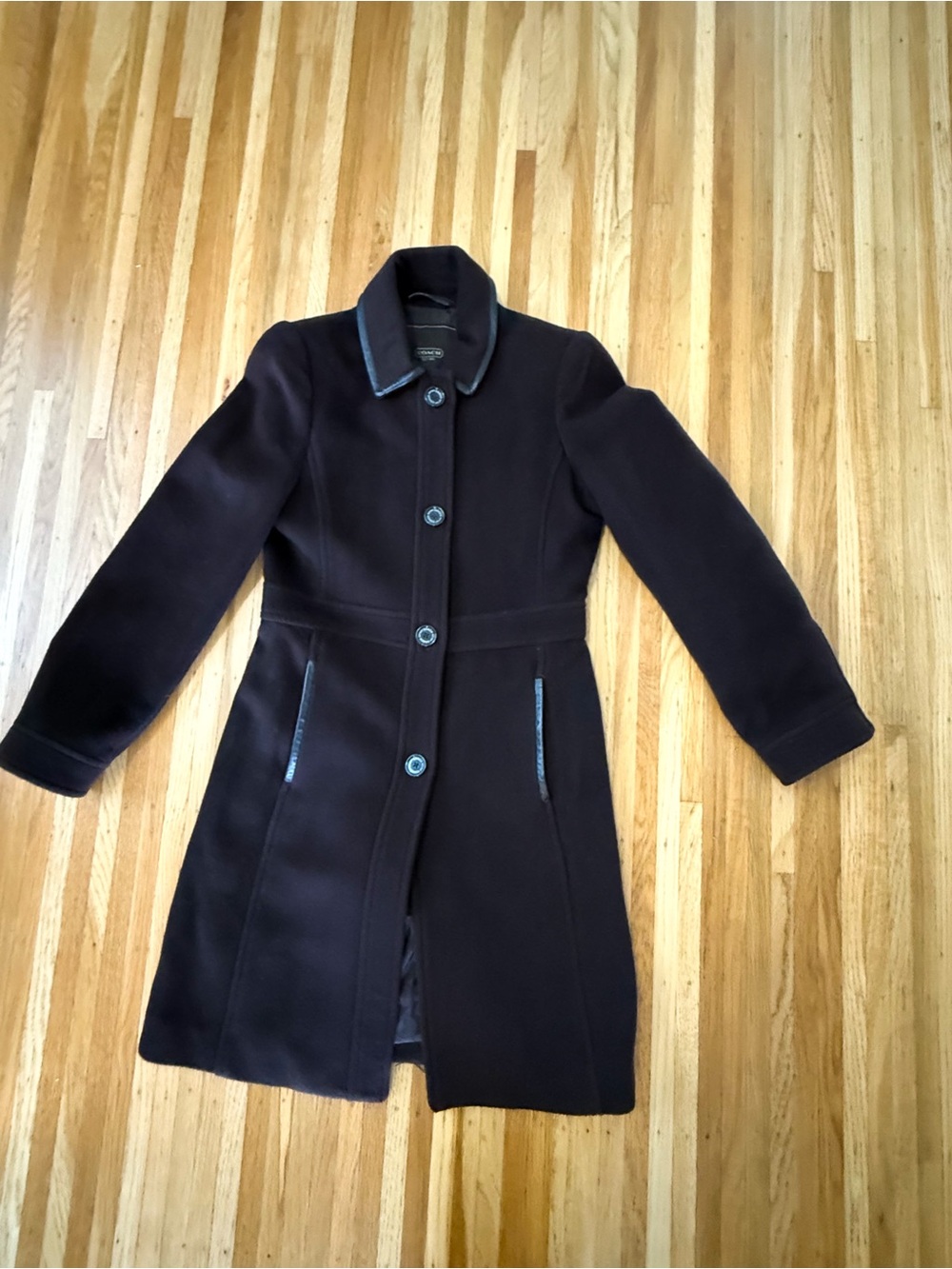 Coach Black Wool Trench Coat with Leather Trim